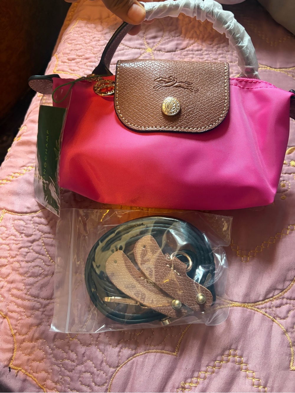 Pink Nylon Mini Top-Handle Crossbody Bag with Brown Flap